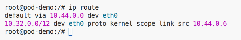 Pod routing table showing default gateway and pod network CIDR route through eth0