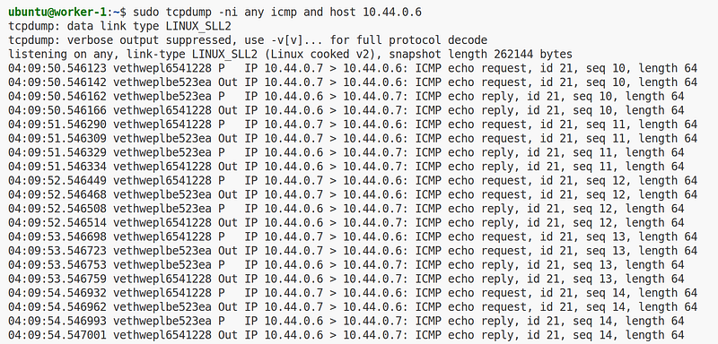 tcpdump capture showing same-node pod-to-pod ICMP traffic on vethwepl interfaces via Weave CNI